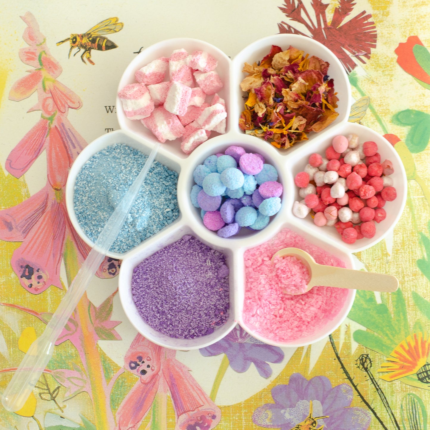 potion play tray in the shape of a flower, holding fizzy potion powders for independent, creative potion play