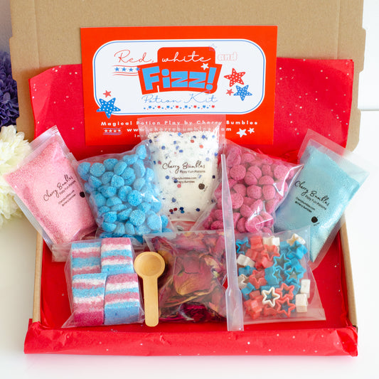 Patriotic 4th JulyPotion Making Kit for children with red, white and blue potion ingredients that fizz and foam. Presented in a C5 box with red tissue paper and instruction card.