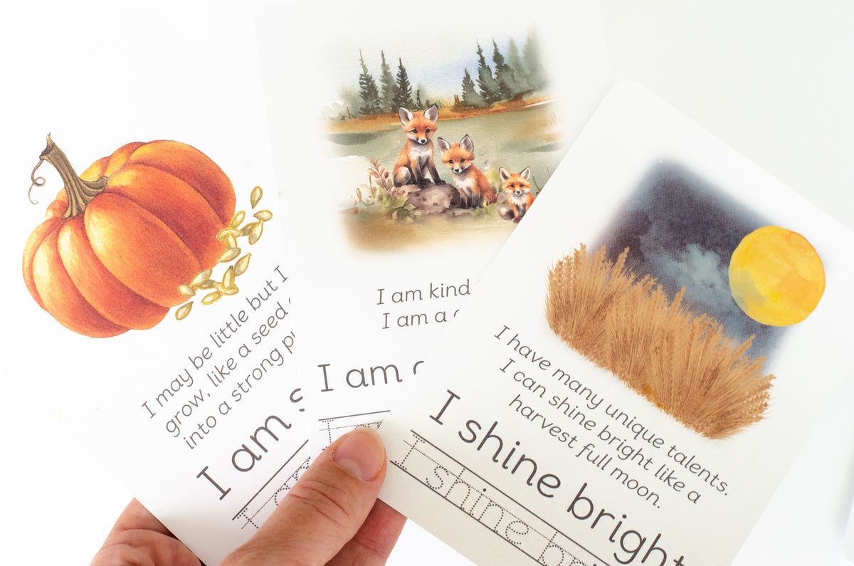 educational affirmation cards for children. Autumn themed flashcards for kids.