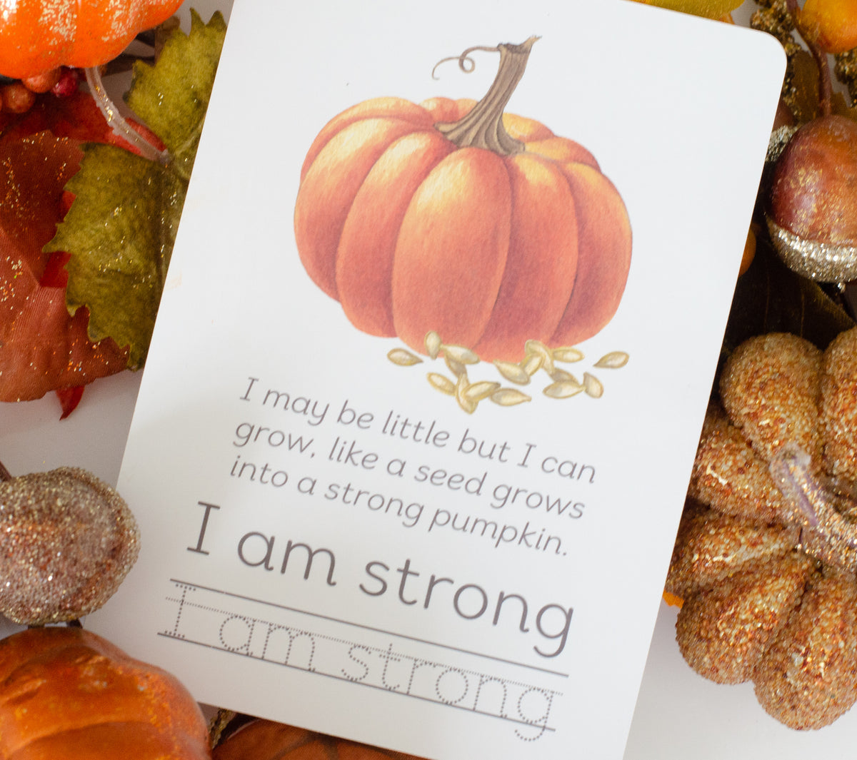 pumpkin affirmation cards for kids, including space for handwriting practice.