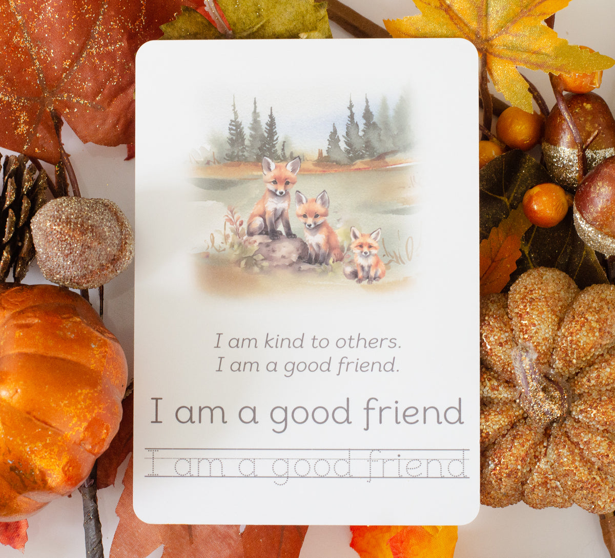 flashcards on friendship for children, including autumn watercolour pictures are handwriting practice area. 