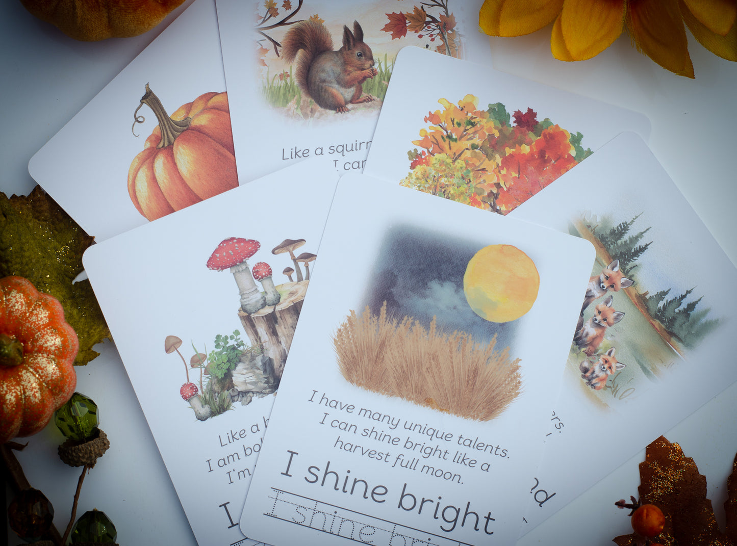 autumn positive affirmation cards for children, including autumn watercolour images and handwriting practice section.