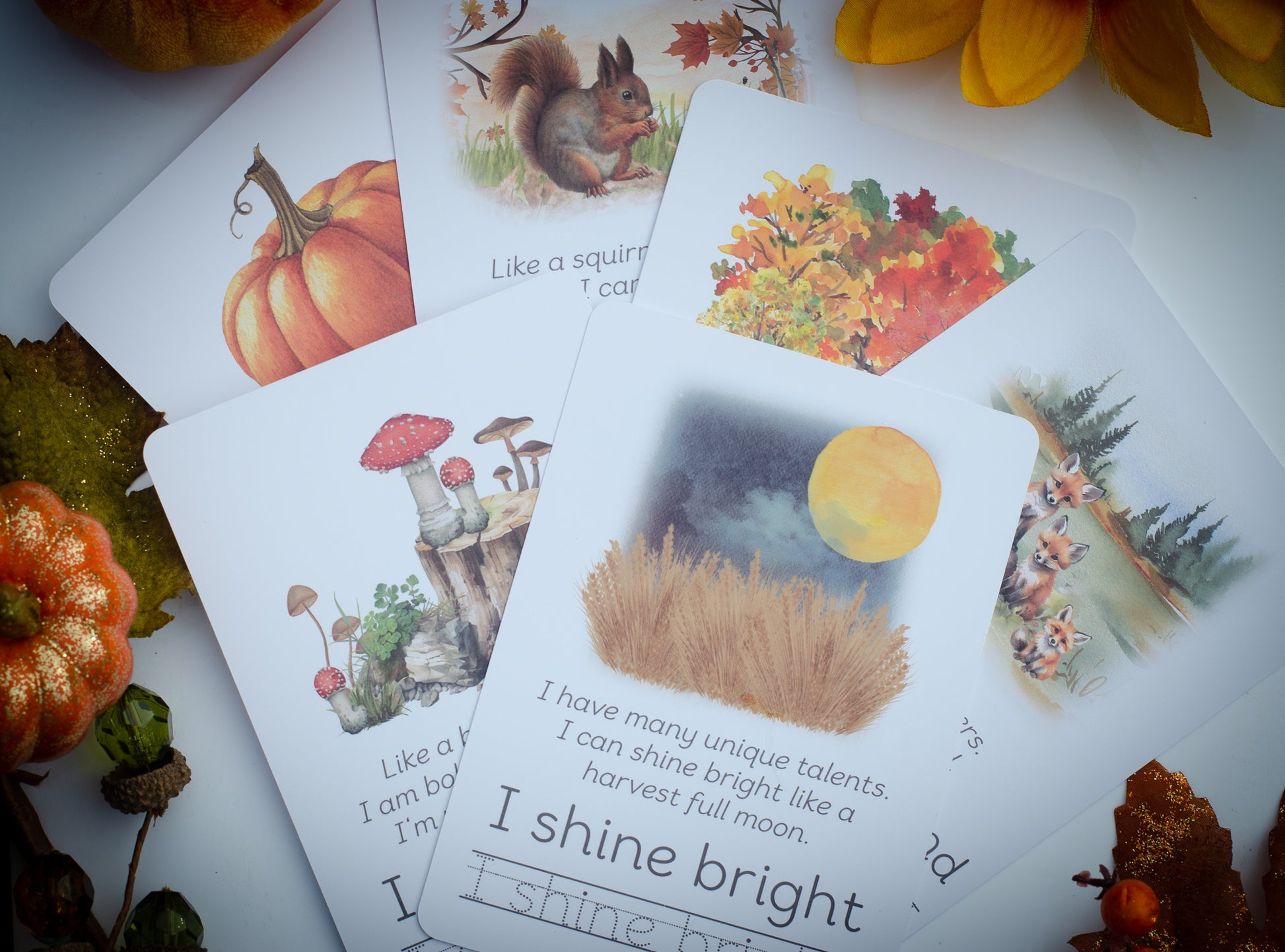 autumn positive affirmation cards for children, including autumn watercolour images and handwriting practice section.