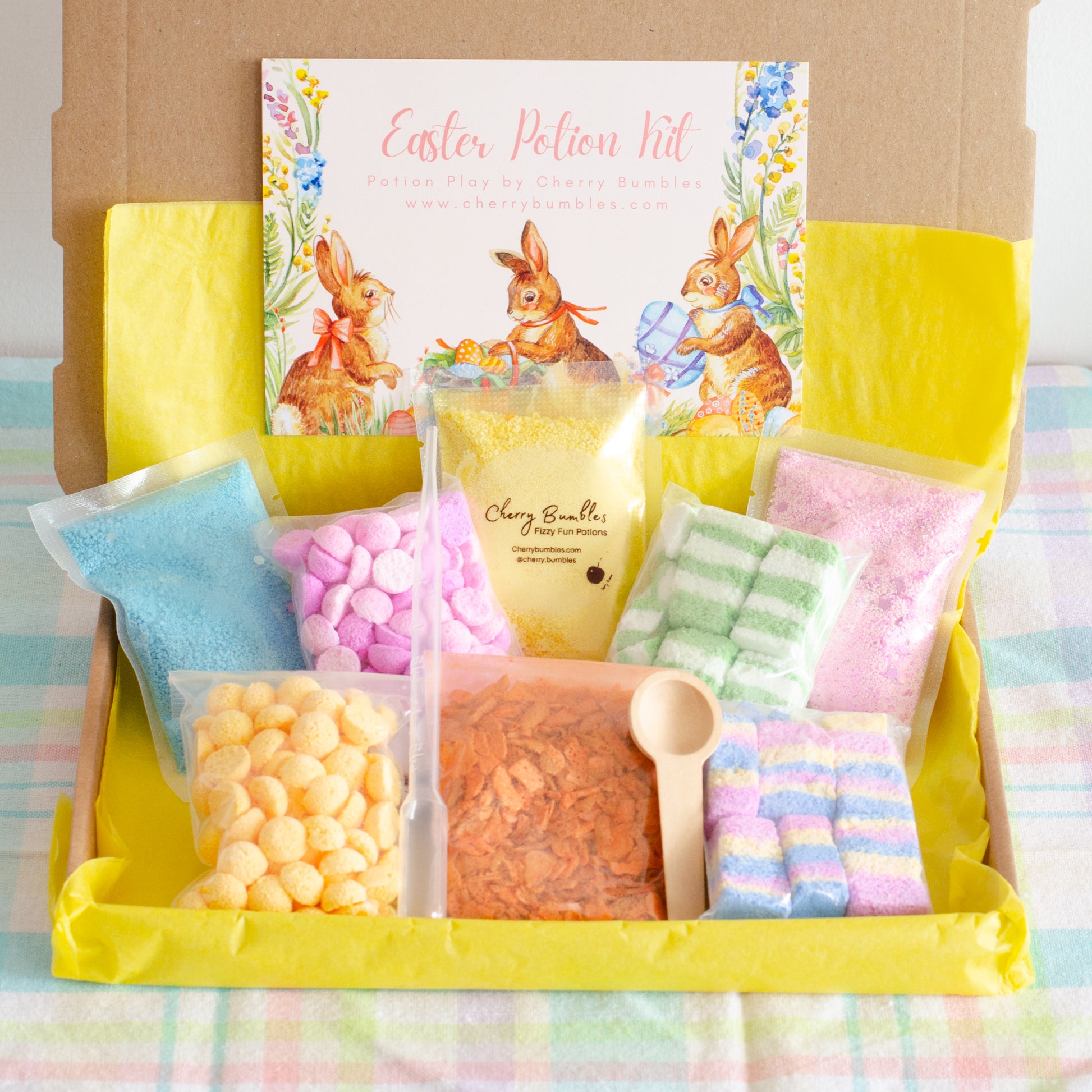 Easter-themed Potion Play set with non-toxic fizzy and foaming ingredients. Sugar free Easter gift for kids. 