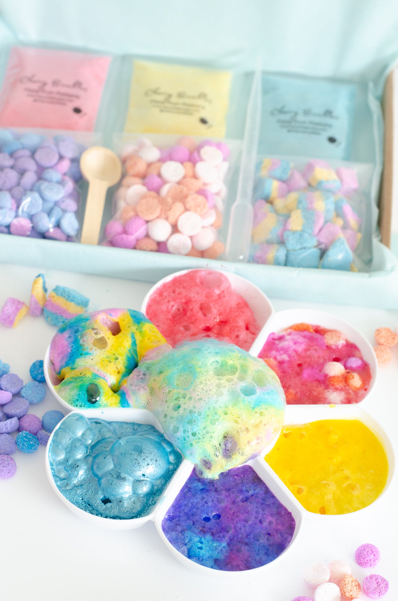 Rainbow themed potion play kit for children. Colourful rainbow themed sensory play kit.