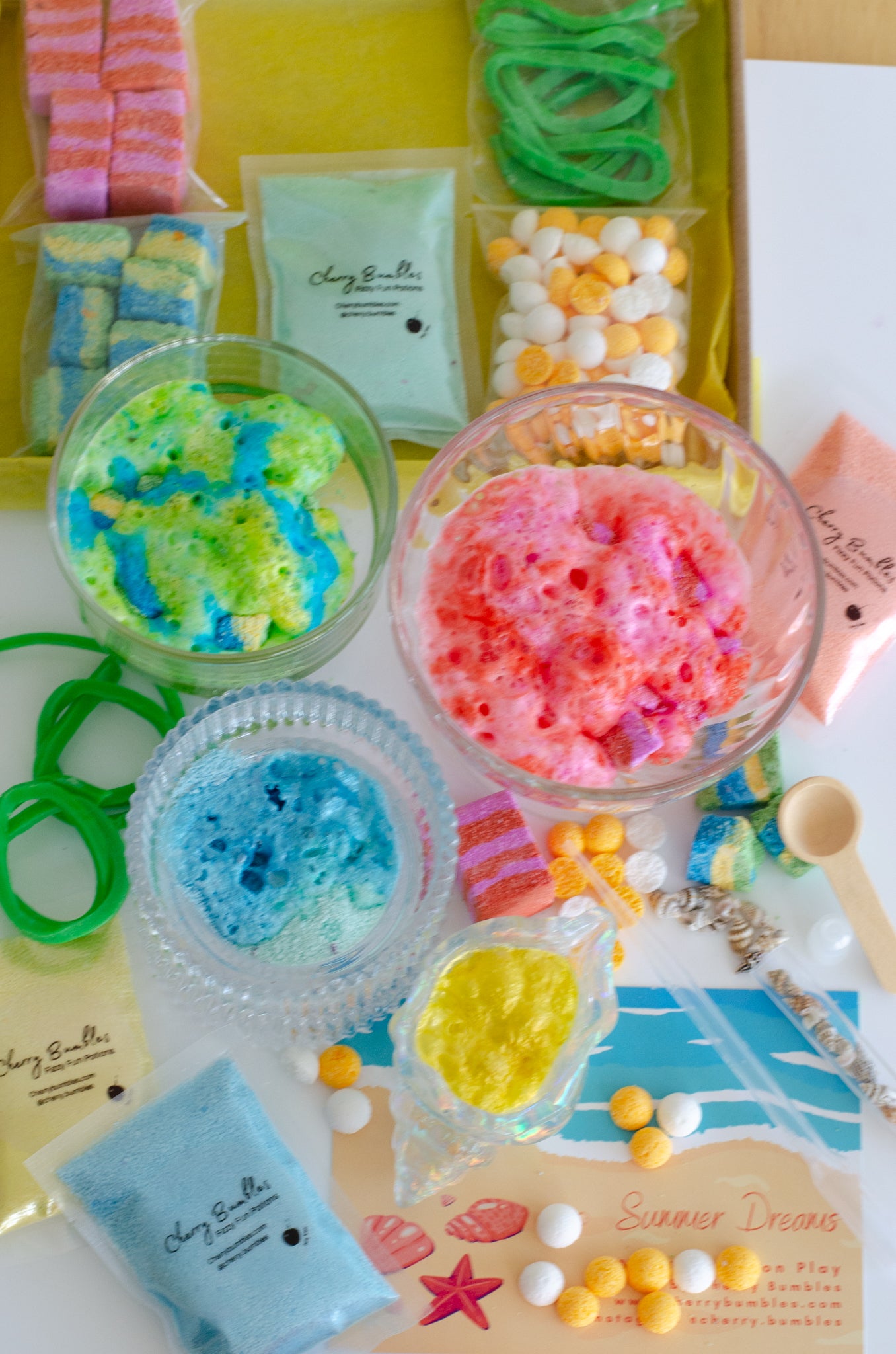 Colourful summer themed potion making kit for children, including fizzy and foaming ingredients. 