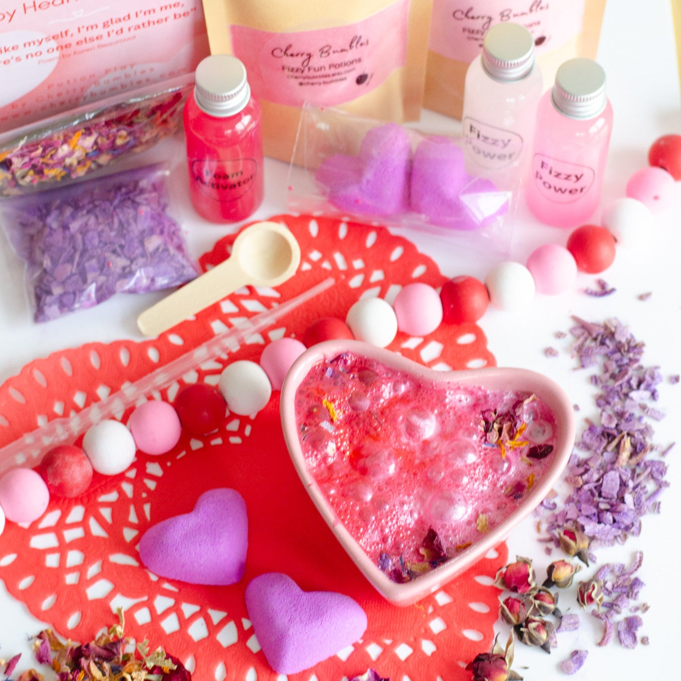 valentines fizzy potion kit in heart shaped bowl